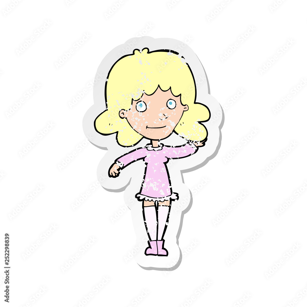 retro distressed sticker of a cartoon friendly woman waving retro distressed sticker of a cartoon friendly woman waving