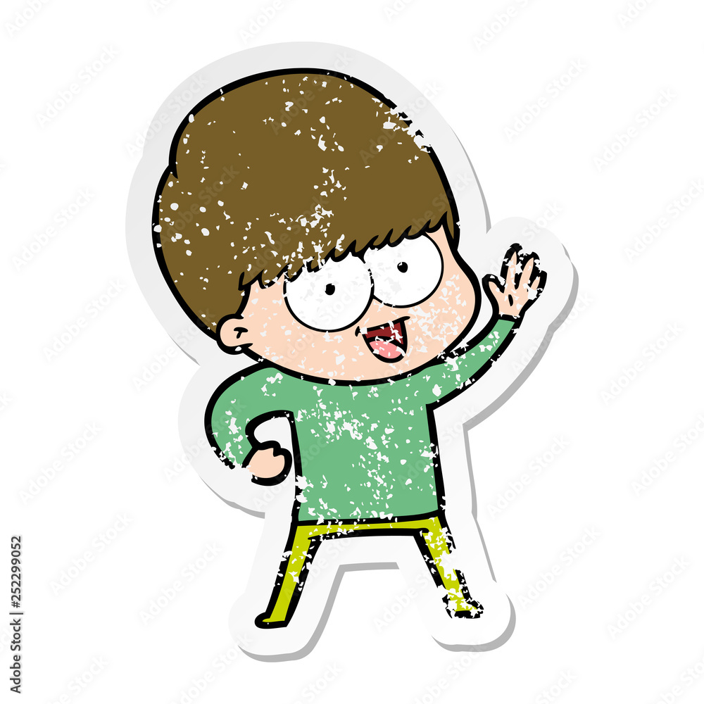 distressed sticker of a happy cartoon boy distressed sticker of a happy cartoon boy