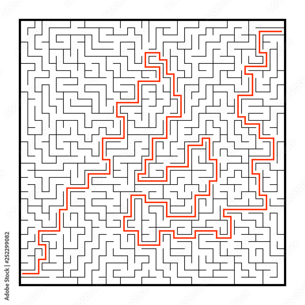 Abstract square maze. Game for kids. Puzzle for children. One entrance, one exit. Labyrinth conundrum. Flat vector illustration isolated on white background. With answer. Abstract square maze. Game for kids. Puzzle for children. One entrance, one exit. Labyrinth conundrum. Flat vector illustration isolated on white background. With answer.