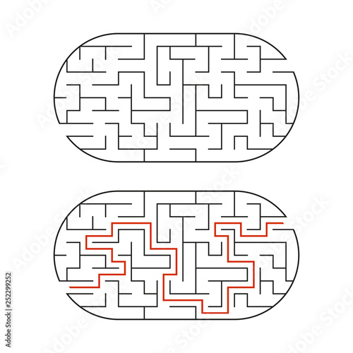 Black oval labyrinth. Game for kids. Puzzle for children. Maze conundrum. Flat vector illustration isolated on white background. With the answer.