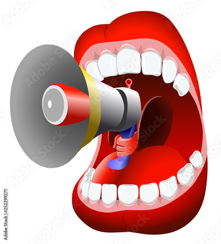 Human mouth holding and shouting loudly in loudspeaker, vector illustration
