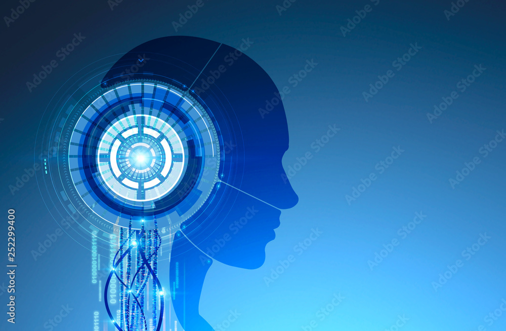 Obraz premium Robot head with hud over blue background