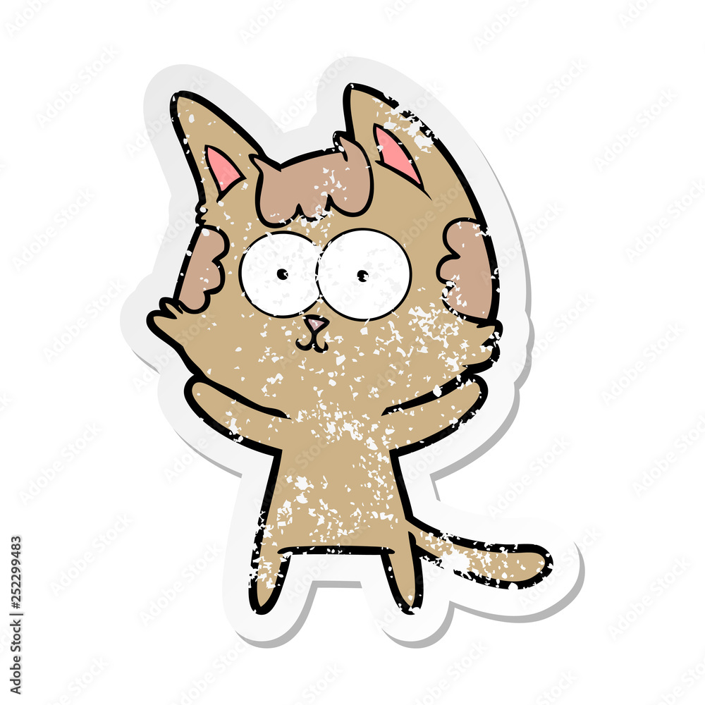 distressed sticker of a happy cartoon cat distressed sticker of a happy cartoon cat