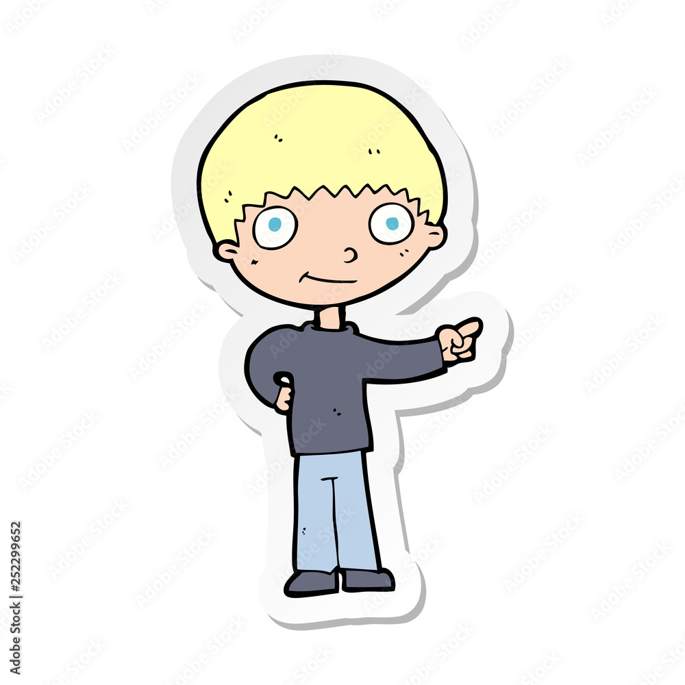 sticker of a cartoon happy boy pointing sticker of a cartoon happy boy pointing