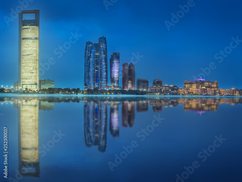 Panorama view of Abu Dhabi Skyline at sunset, UAE