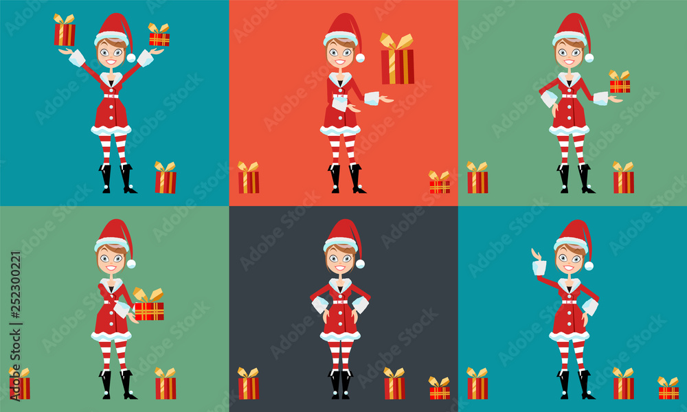 Santa Claus woman showing gifts Santa Claus woman showing gifts
