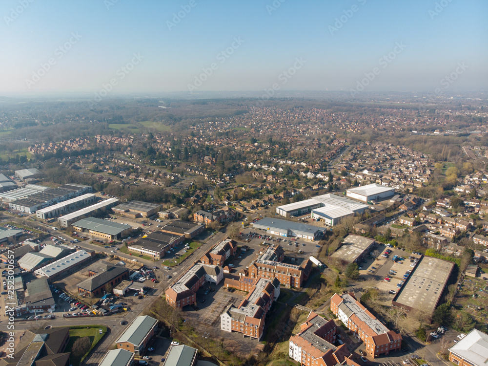 Aerial photo of the UK town of Wokingham. Wokingham is a historic market town in Berkshire, England, 39 miles west of London