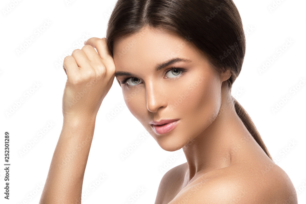 Portrait of young beautiful woman on white background