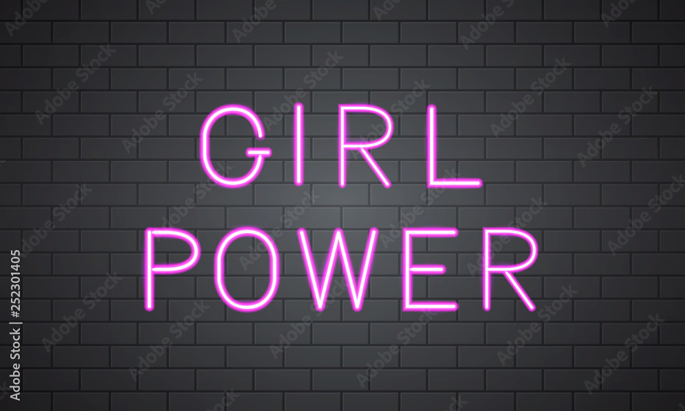 Girl Power 3d neon banner on brick wall. Inspirational quote. Feminist slogan sign. Feminism and women rights concept. Womens day motivational poster. Vector illustration. Girl Power 3d neon banner on brick wall. Inspirational quote. Feminist slogan sign. Feminism and women rights concept. Womens day motivational poster. Vector illustration.