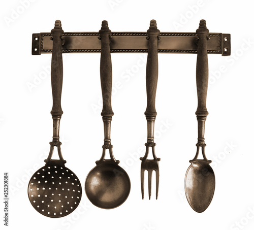 Quadro su tela Antique brass kitchen utensils