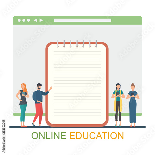 Online e-learning concept, digital classroom. Study over the Internet, online education, university banner. Vector illustration.