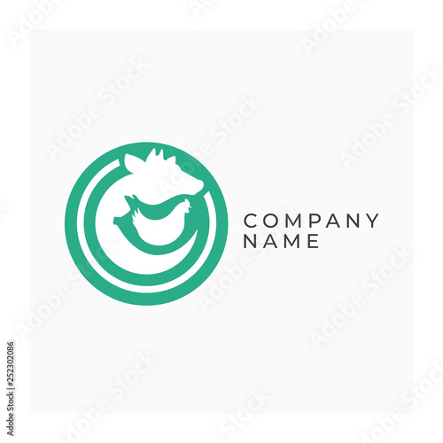 Farm logotype with animals. Agricultural animals sign. Icon for farm products. Design element for farm isolated on white background. Illustration of cow, pig and chicken