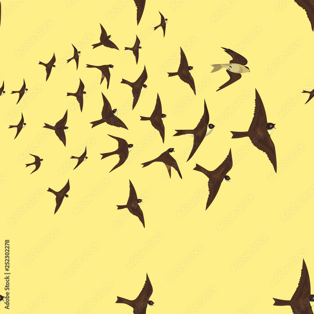 Seamless pattern with flock of swifts. Cute animal fabric design for cloths fabric or wallpaper.
