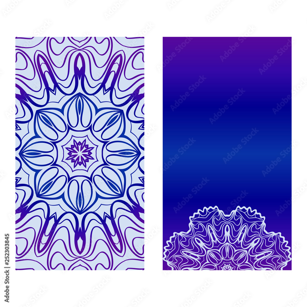 Vintage Cards With Floral Mandala Pattern. Vector Template. The Front And Rear Side. Blue, purple silver color