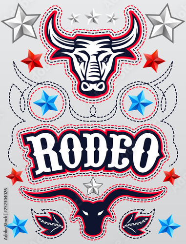 Rodeo Poster Elements, Bull, Rope and American stars vector set