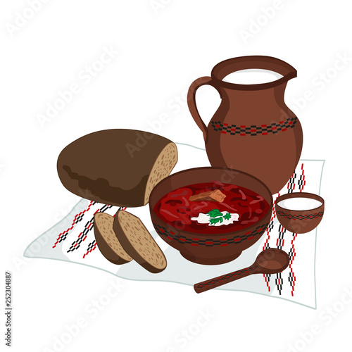 Vector clipart of Borscht with bread and milk - dish of Ukrainian traditional cuisine. A plate with red tomato soup, sliced rye bread and a jug of milk stand on an embroidered rushnyk