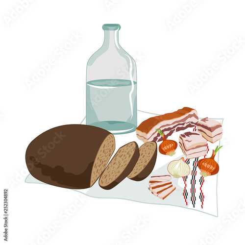 Vector clipart of Ukrainian Horilka with salo, rye bread, and onions on the embroidered rushnyk. Pieces of lard and black bread, three onions and clear liquid in a bottle lie on top of white napkin
