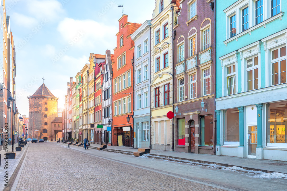 Morning European street of Gdansk near the Stagiewna Gate on Granery Island, Poland