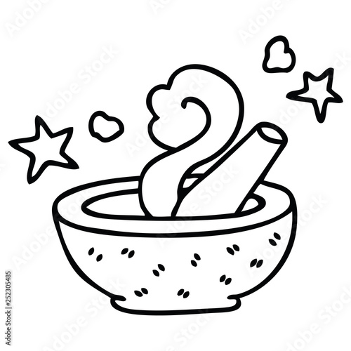 quirky line drawing cartoon magic pestle and mortar