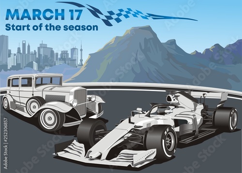 Racing cars old and modern f1 car. Vector illustration