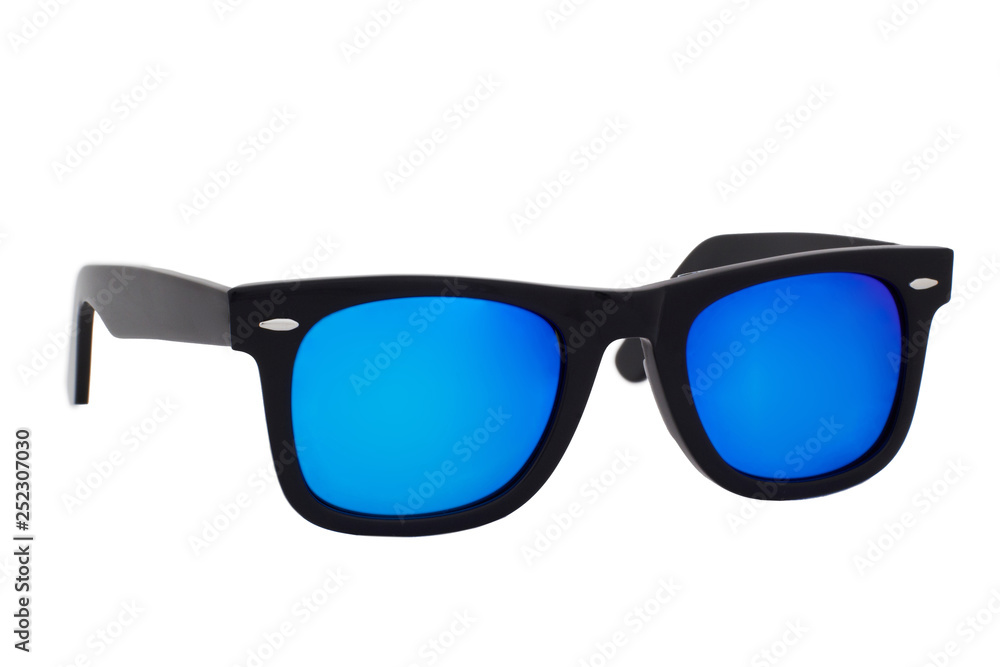 Black sunglasses with Blue Mirror Lens isolated on white background Black sunglasses with Blue Mirror Lens isolated on white background