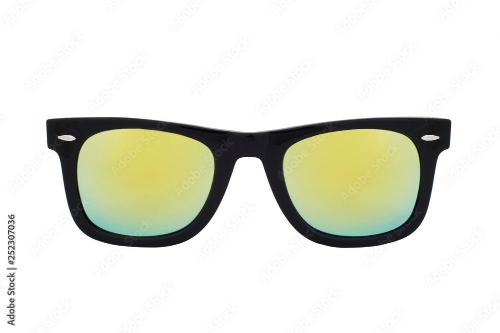 Black sunglasses with Yellow Mirror Lens isolated on white background Black sunglasses with Yellow Mirror Lens isolated on white background