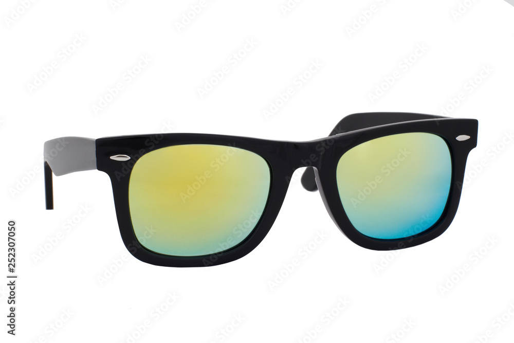 Black sunglasses with Yellow Mirror Lens isolated on white background