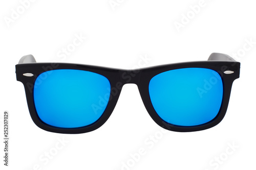 Black sunglasses with Blue Mirror Lens isolated on white background