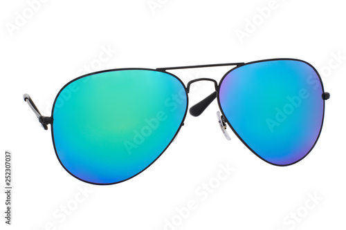 Black sunglasses with Blue Chameleon Mirror Lens isolated on white background