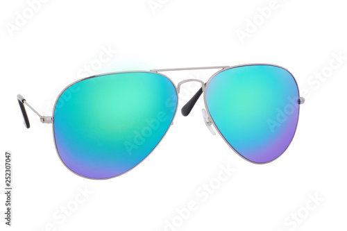 Silver sunglasses with Blue Chameleon Mirror Lens isolated on white background