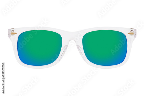 Sunglasses with transparent frame and Green Mirror Lens isolated on white background