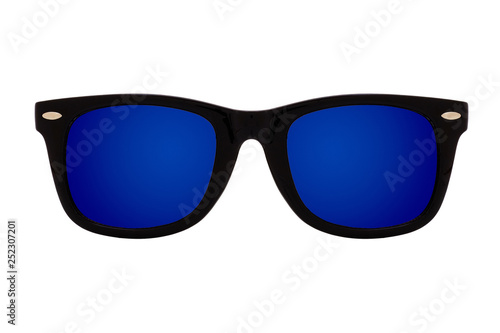 Black sunglasses with Blue Mirror Lens isolated on white background