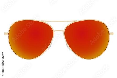 Gold sunglasses with Red Chameleon Mirror Lens isolated on white background