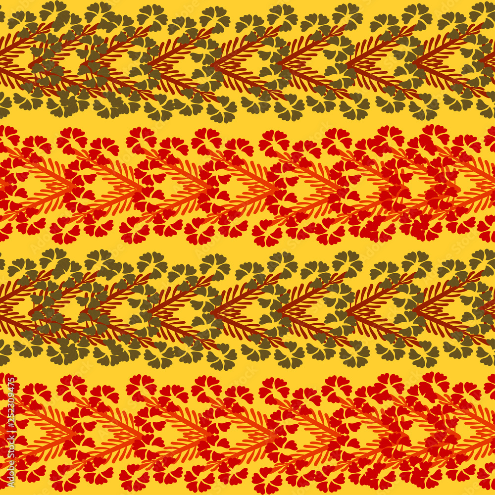 floral ornament of brown leaves with red flowers on a yellow background 