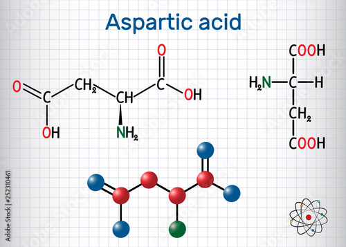 Aspartic acid (L- aspartic acid, Asp, D, aspartate) proteinogenic amino acid molecule.  Sheet of paper in a cage. Structural chemical formula and molecule model