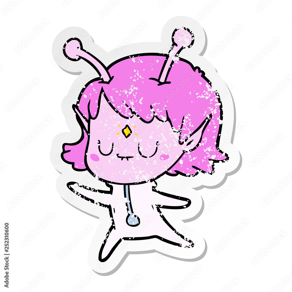 distressed sticker of a cartoon alien girl distressed sticker of a cartoon alien girl