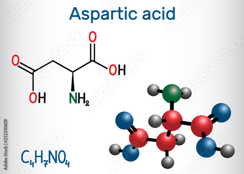 Aspartic acid (L- aspartic acid, Asp, D, aspartate) proteinogenic amino acid molecule.  Structural chemical formula and molecule model