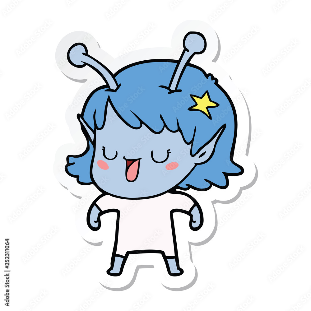 sticker of a happy alien girl cartoon sticker of a happy alien girl cartoon