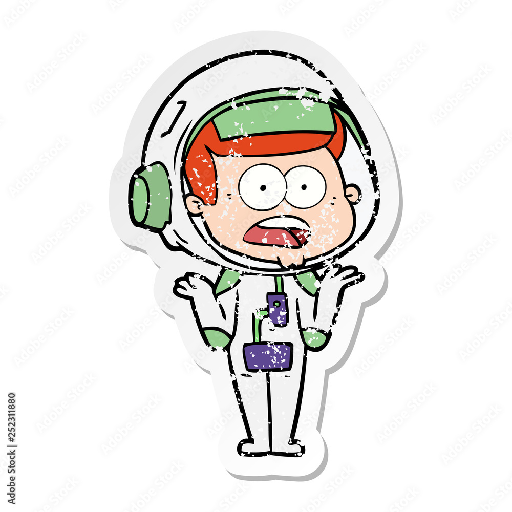 distressed sticker of a cartoon surprised astronaut distressed sticker of a cartoon surprised astronaut