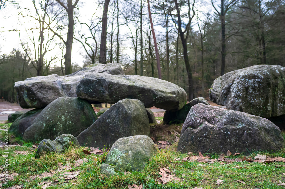 Large stones on green grass in a forest park, against the background of trees. Large stones on green grass in a forest park, against the background of trees.