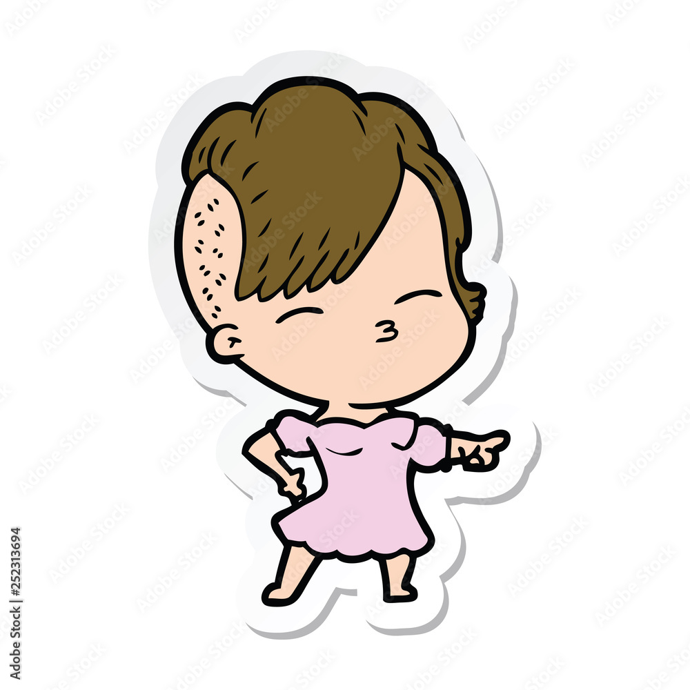 sticker of a cartoon squinting girl pointing sticker of a cartoon squinting girl pointing