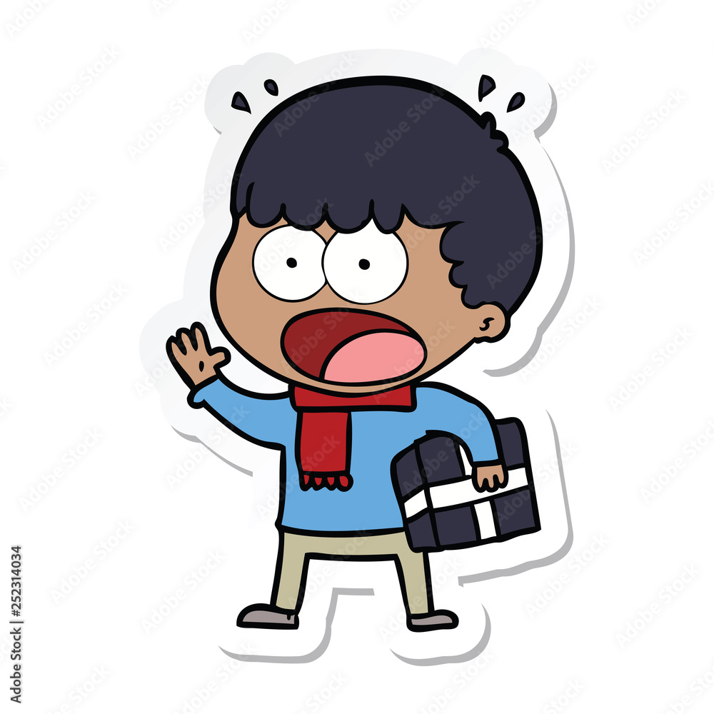 sticker of a cartoon shocked man with gift
