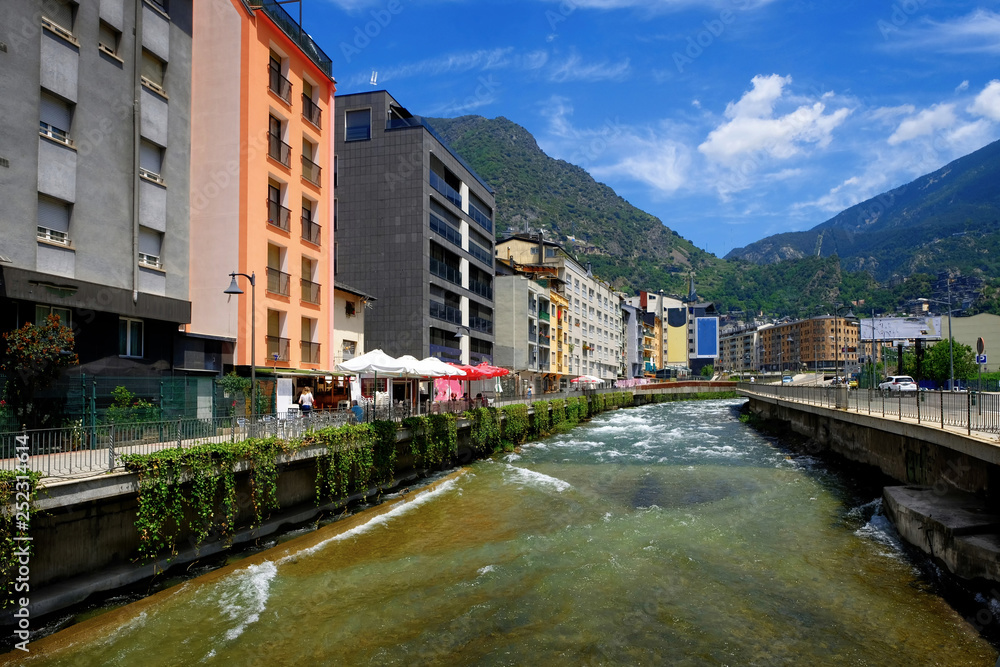 ANDORRA LA VELLA, ANDORRA. Valira river at city Andorra la Vella, Andorra. Gran Valira is biggest river flows through capital city located in the east Pyrenees