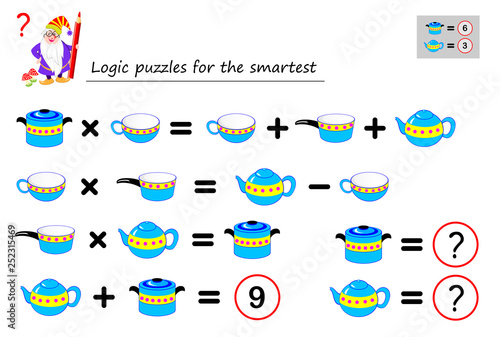 Mathematical logic puzzle game for the smartest. Need to calculate value of dishes. Printable page for brainteaser book. Developing spatial thinking. Vector image.