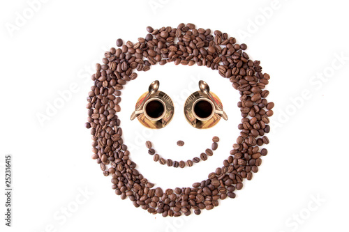 close up brown coffee bean smiley grains, isolated on white