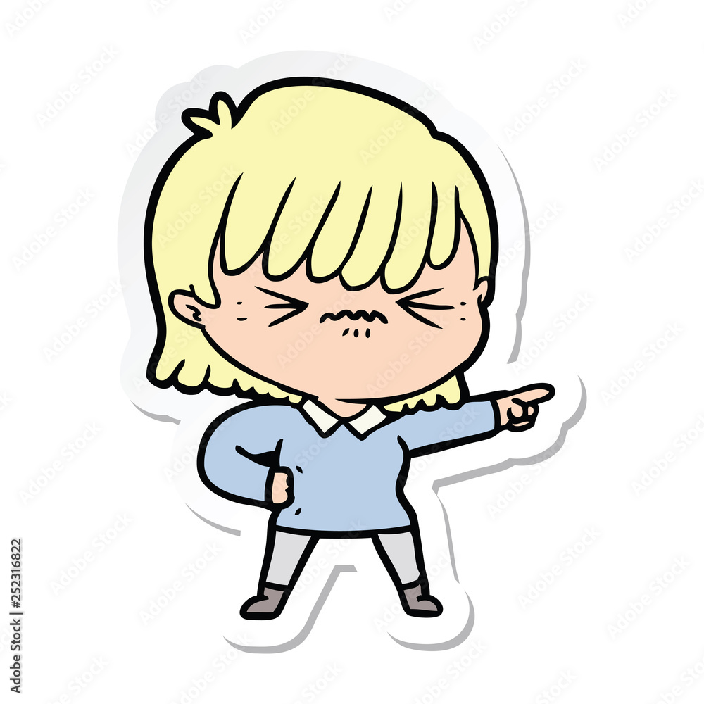 sticker of a annoyed cartoon girl pointing sticker of a annoyed cartoon girl pointing