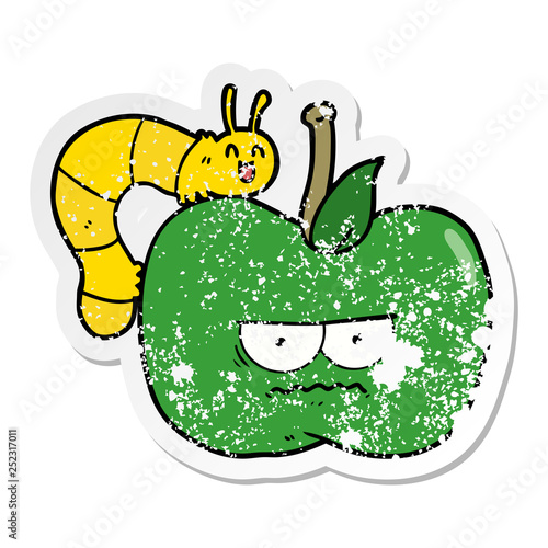 distressed sticker of a cartoon cranky apple and caterpillar