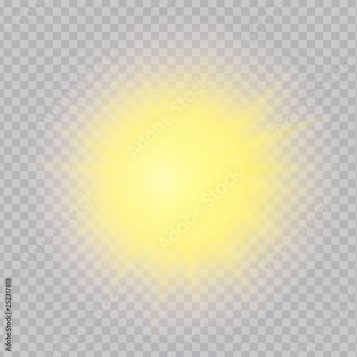 Yellow realistic sun with nice rays, light, flare and shine isolated on transparent background.