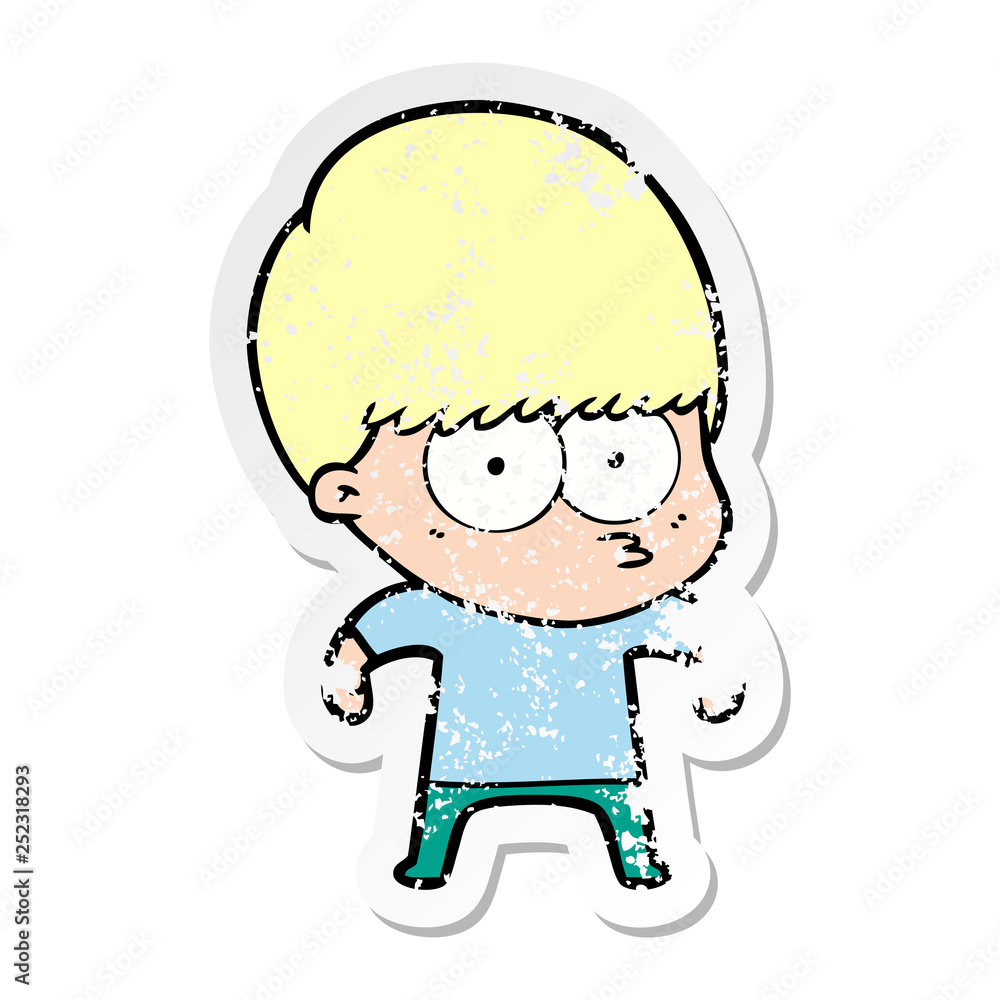 distressed sticker of a nervous cartoon boy distressed sticker of a nervous cartoon boy