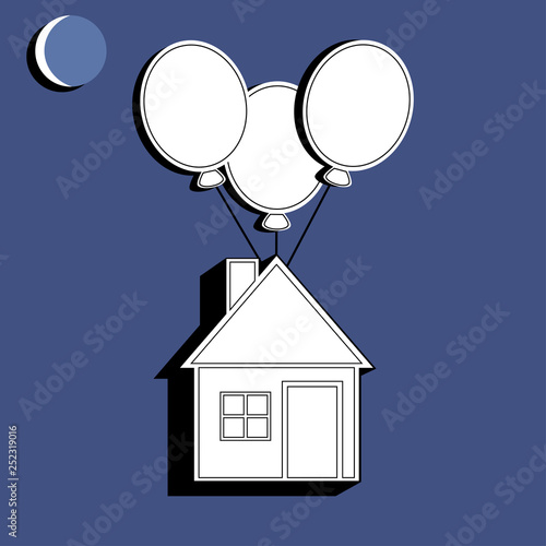 Living house with air balloons isolated on background. Cottage in line design. Real estate concept. Vector flat illustration © Sergey